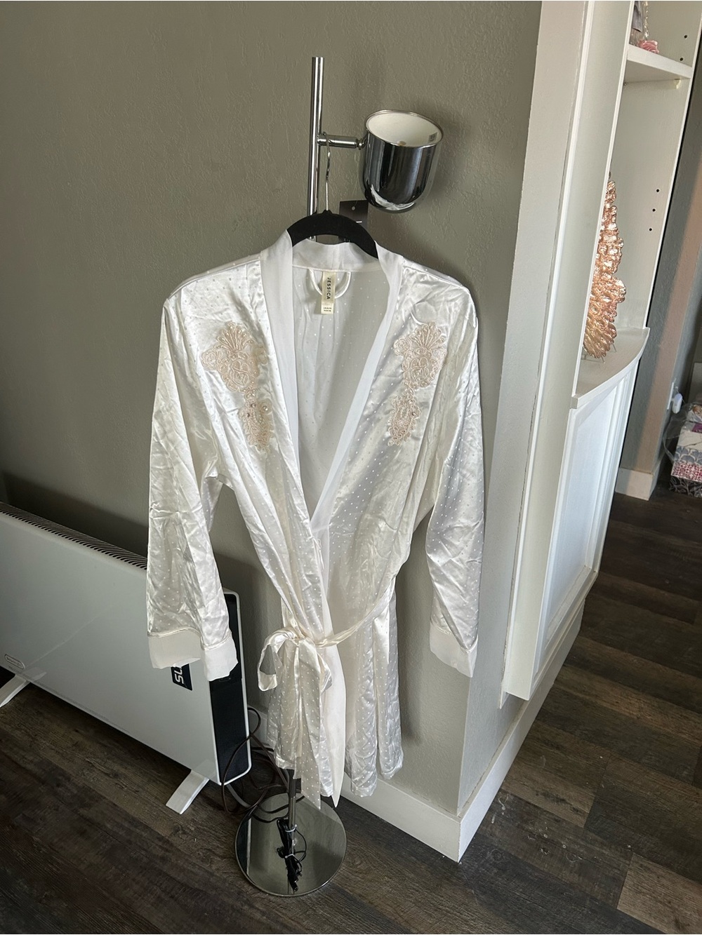 Jessica White Satin Embroidered Robe with Tie Belt